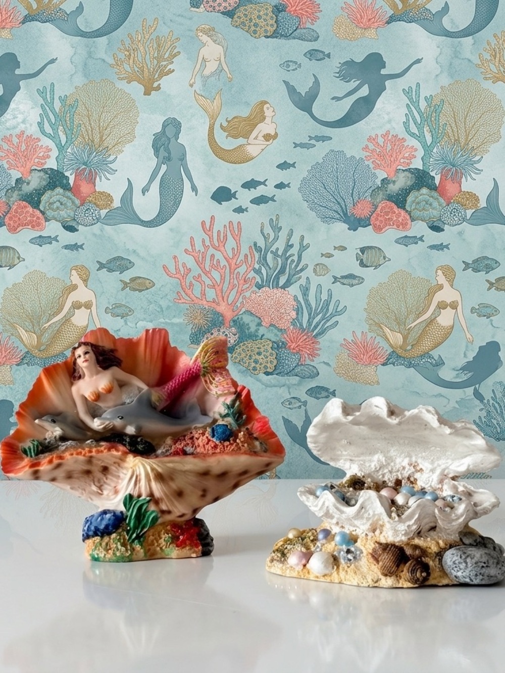 Pair Mermaid with Dolphins in a Coral Seashell Resin Figurine Vintage 90s Pearls